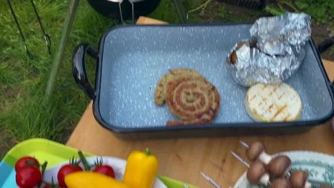 Vegetables and meat on the barbecue. Selective focus. Stock Footage 199807022