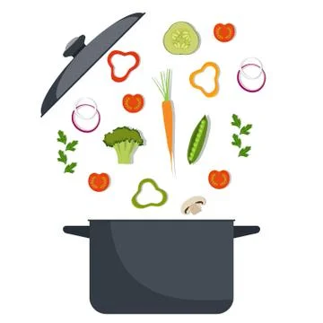 Vegetables and pan. Broccoli, pepper, red tomato, carrot, onion, greens. Cook Illustrazione stock