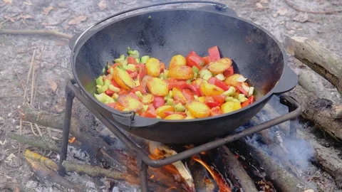 Vegetables are fried in a cauldron over a fire. Stewing vegetables on the fire Stock Footage 278868763