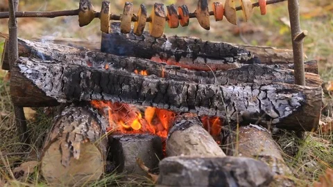 Vegetables are fried at the stake in a hike. Stockbeeldmateriaal 84148525