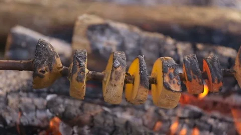 Vegetables are fried at the stake in a hike. Stock Footage 84658133
