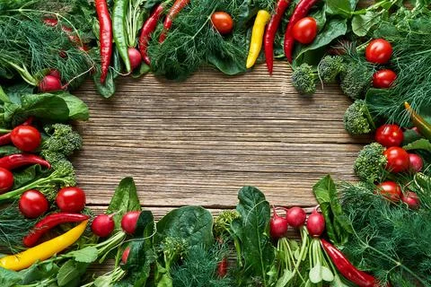 Vegetables background. Radish, broccoli, spinach leaves with copy space in the Stock Photos