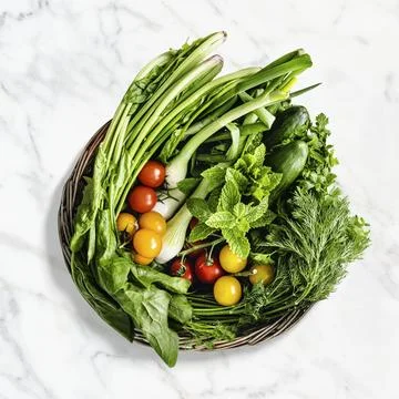 Vegetables basket in flat lay style Stock Photos