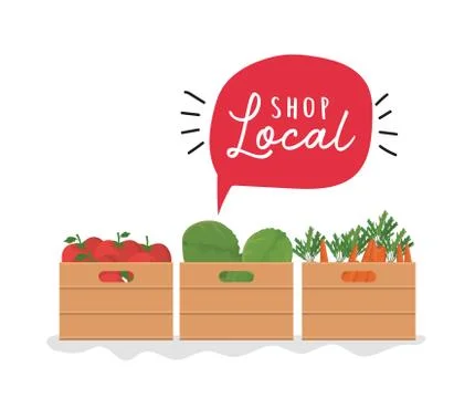 Vegetables boxes with shop local inside bubble vector design 스톡 일러스트