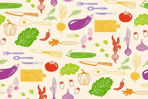Vegetables cartoon seamless pattern boundless background vegetarian childish Stock Illustration
