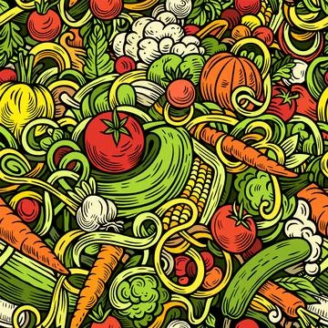 Vegetables cartoon vector doodle seamless pattern Stock Illustration