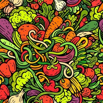 Vegetables cartoon vector doodle seamless pattern Stock Illustration