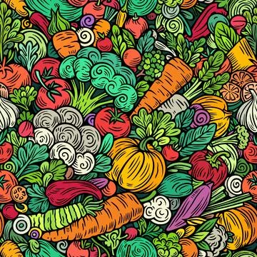 Vegetables cartoon vector doodle seamless pattern Stock Illustration