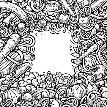 Vegetables cartoon vector doodles frame. Veggies border design イラスト素材