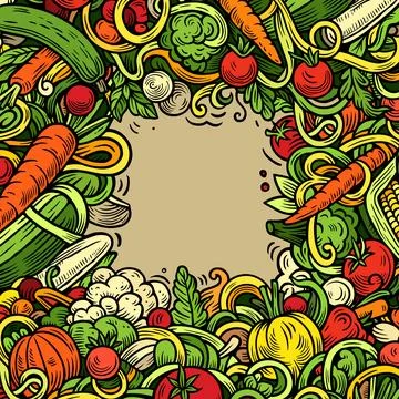 Vegetables cartoon vector doodles frame. Veggies border design Stock Illustration
