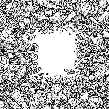 Vegetables cartoon vector doodles frame. Veggies border design イラスト素材