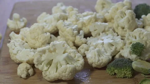 Vegetables Close Up, Top View. Brussels Sprouts, Cauliflower, Broccoli  Video stock 107634950
