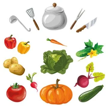 Vegetables collection with kitchen dishes isolated Illustrazione stock