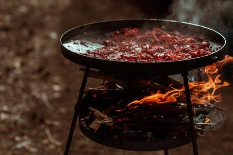 Vegetables cooked on a grill pan over an open fire in the woods. Cooking Stock Photos