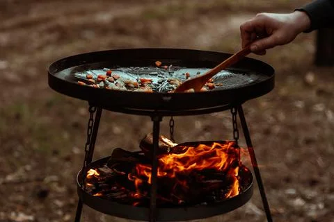 Vegetables cooked on a grill pan over an open fire in the woods. Cooking Stock Photos