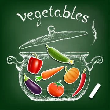 Vegetables cooked in a pan. Kitchen equipment is drawn chalk on 스톡 일러스트