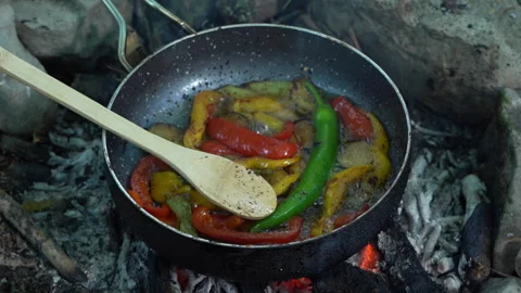Vegetables Cooking in Pan Over Campfire 動画素材 310826166