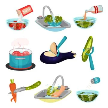 Vegetables in Cooking Process with Peeling and Cleaning Vector Set Stock Illustration