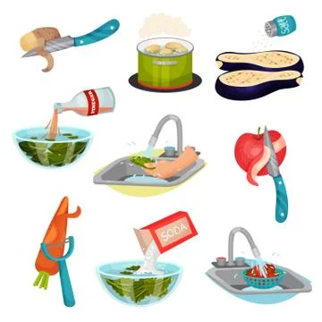 Vegetables in Cooking Process with Peeling and Cleaning Vector Set Stock Illustration