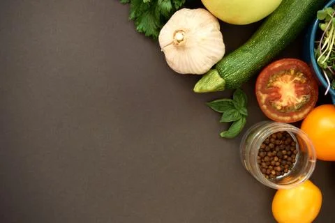Vegetables dark background with copy space. Healthy meal. Menu, price backgro Stock Photos