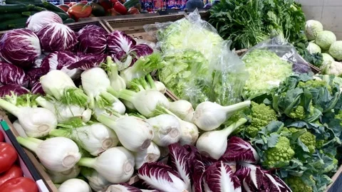 Vegetables on display on a grocery store close video Stock Footage 134332927