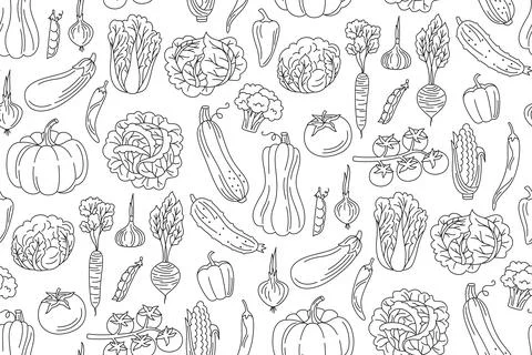 Vegetables doodle seamless pattern wallpaper healthy diet food farm product Stock Illustration
