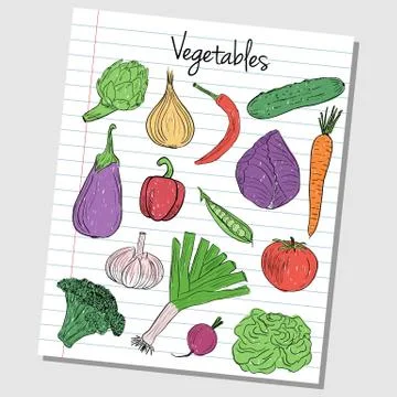 Vegetables doodles - lined paper Stock Illustration