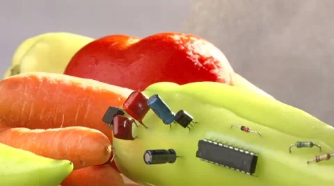 Vegetables with electronic components - (modified food, concept) Vídeo Stock 7761168