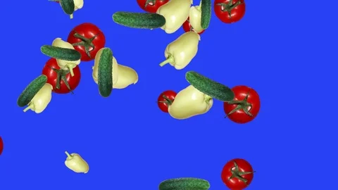 Vegetables falling animation chroma key element loop, tomato, cucumbers, pepper Stock Footage 126927066
