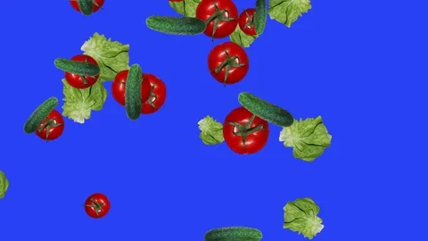 Vegetables falling animation chroma key element loop, cucumber, tomato, salad Stock Footage 126927109