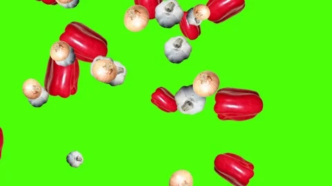 Vegetables falling animation chroma key element loop, garlic, pepper and onion Stock Footage 126928126