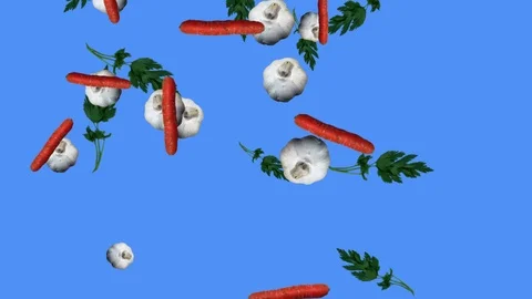 Vegetables falling animation chroma key element loop, parsley, carrots, garlic Stock Footage 126928454