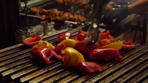 Vegetables on the fire grilled pepper cook smell Stock Footage 149402555