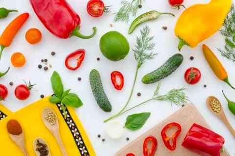 Vegetables flat lay background. Top view of red, yellow and green color Stock Photos
