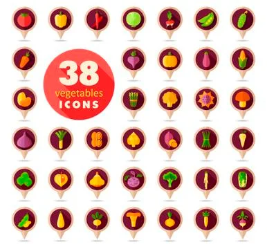 Vegetables flat retro pin map icons set Stock Illustration