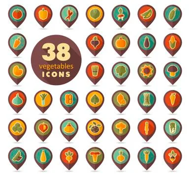 Vegetables flat retro pin map icons set Stock Illustration