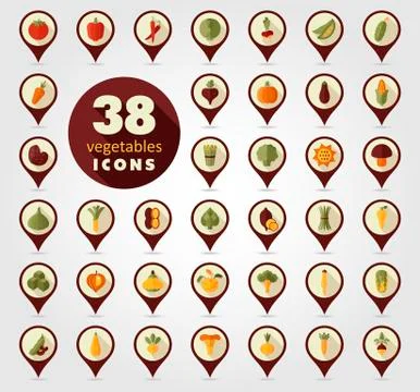 Vegetables flat retro pin map icons set Stock Illustration