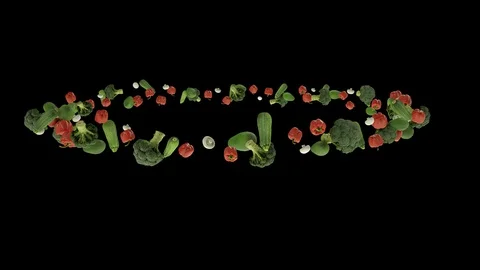 Vegetables flying in circle, seamless loop, Alpha Channel Stock Footage 128959672