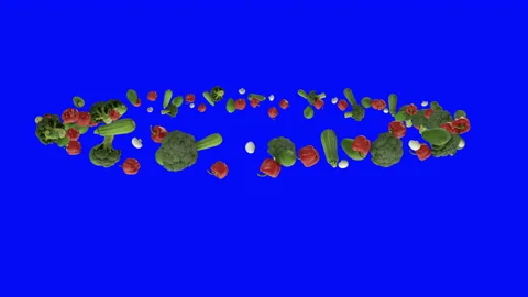 Vegetables flying in circle, seamless loop, Blue Screen Chromakey Stock Footage 139750394