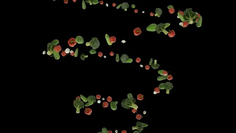 Vegetables flying in helix shape, seamless loop, Luma Matte attached Stock Footage 125313618