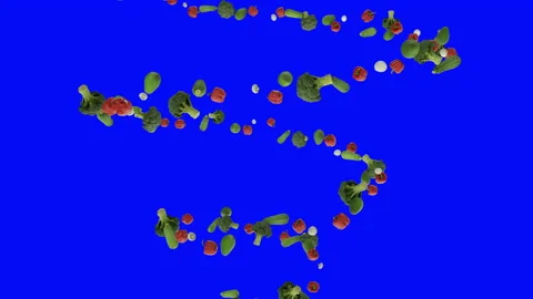 Vegetables flying in helix shape, seamless loop, Blue Screen Chromakey Stock Footage 133449600