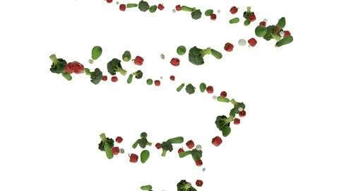 Vegetables flying in helix shape, seamless loop, against white Stock Footage 145452169