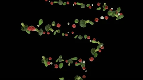 Vegetables flying in helix shape, seamless loop, against black Stock Footage 153144530