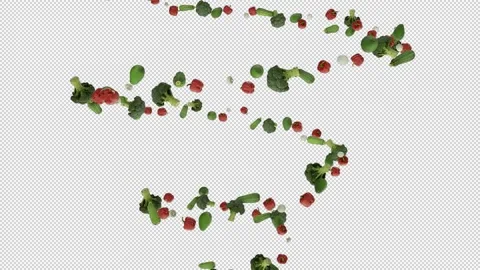 Vegetables flying in helix shape, seamless loop, Alpha Channel Stock Footage 157586183