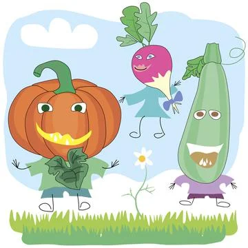 Vegetables in the form of characters radish, pumpkin and zucchini Stock Illustration