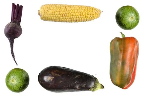 Vegetables forming a frame on white background with space for text Stock Photos