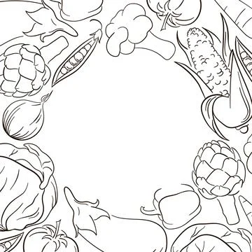 Vegetables frame design. Circle Frame. Frame with organic food line art Stock Illustration