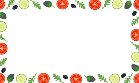 Vegetables frame with tomatoes, cucumbers and leaves of spinach, arugula on Stock-Illustration