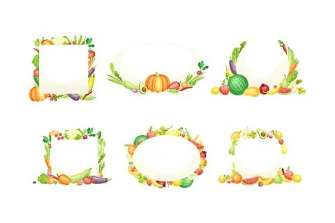 Vegetables frames of different shapes set. Vegetarian menu, eco organic natural Stock Illustration