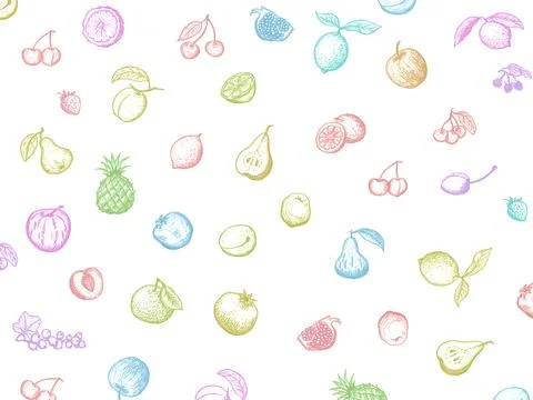 Vegetables, fruits, bread, berries hand drawn. Organic food set. Stock Illustration
